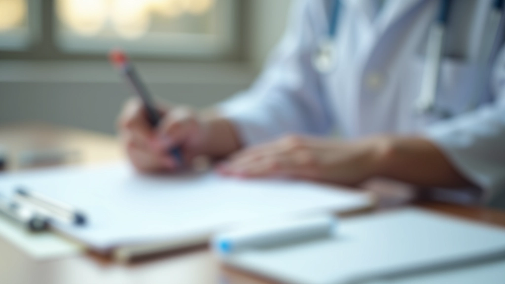 Closeup de mão preenchendo formulário médico com caneta numa clínica