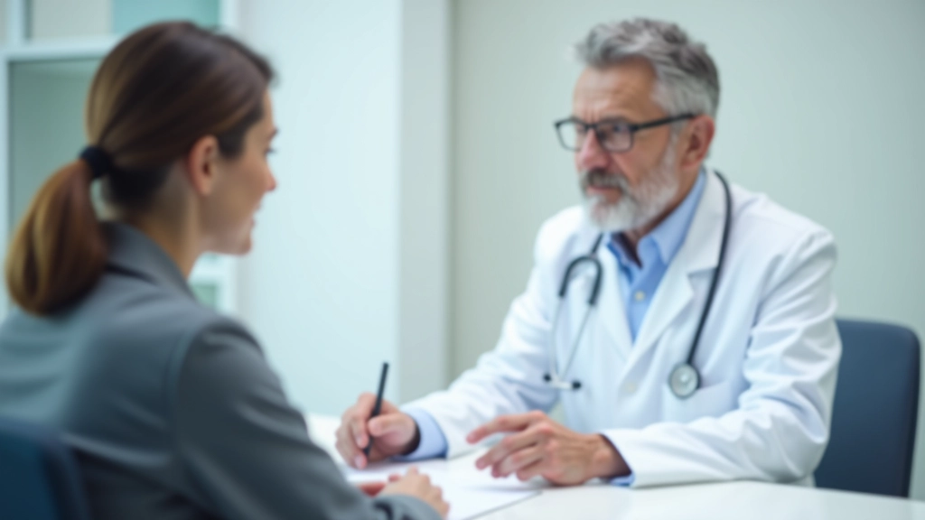 Profissional de saúde revendo formulários médicos com paciente numa consulta
