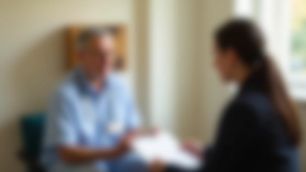 Profissional de saúde a explicar instruções a um paciente numa sala de consulta