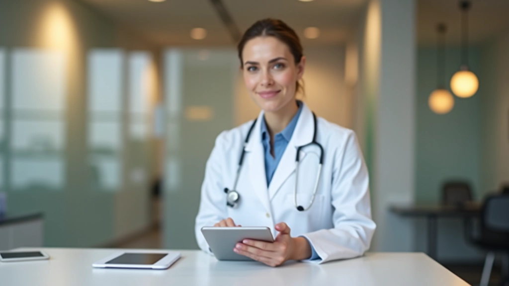 Profissional de saúde em ambiente clínico com tablet e documentação médica