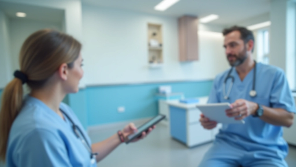 Profissional de saúde mostrando um tablet a um paciente durante consulta, ambos focados no ecrã, em ambiente clínico moderno