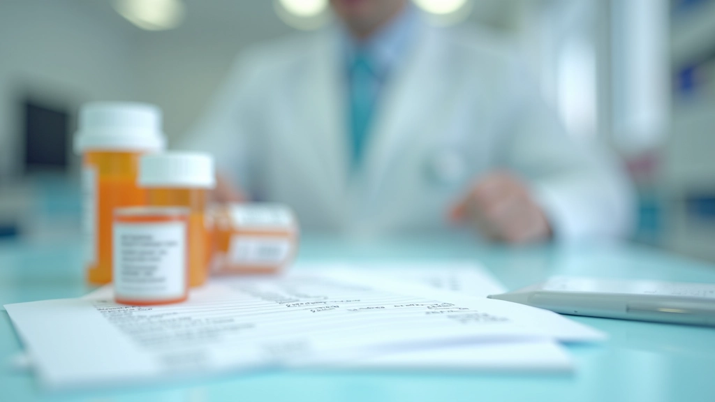 Medicamentos, frasco de prescrição e papel de informações médicas numa mesa de farmácia