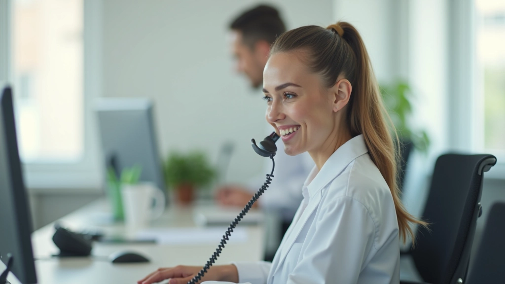 Recepcionista ao telefone a agendar consultas num consultório moderno