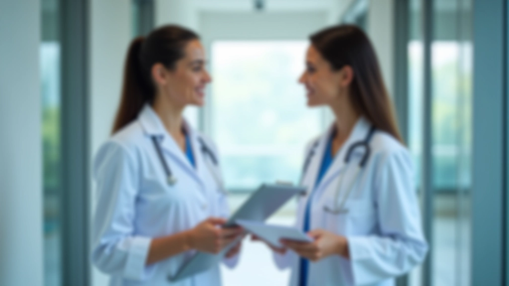 Duas profissionais de saúde discutindo um caso clínico com documentação médica, num ambiente colaborativo e luminoso
